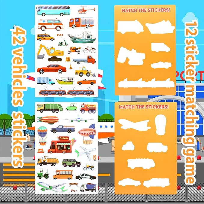 Jelly Sticker Books for Toddlers 2-4 Years, Reusable Sticker Book for Kids 1-3, Toddler Easter Basket Stuffers＆Travel Essentials Vehicles Stickers for Kids Toddler Plane Activities (Vehicles)