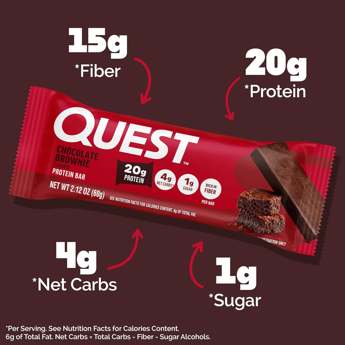 Quest Nutrition Chocolate Brownie Protein Bars, 20g Protein, 4g Net Carbs, 1g Sugar, High Fiber, Gluten Free, Keto Friendly, 4 Count