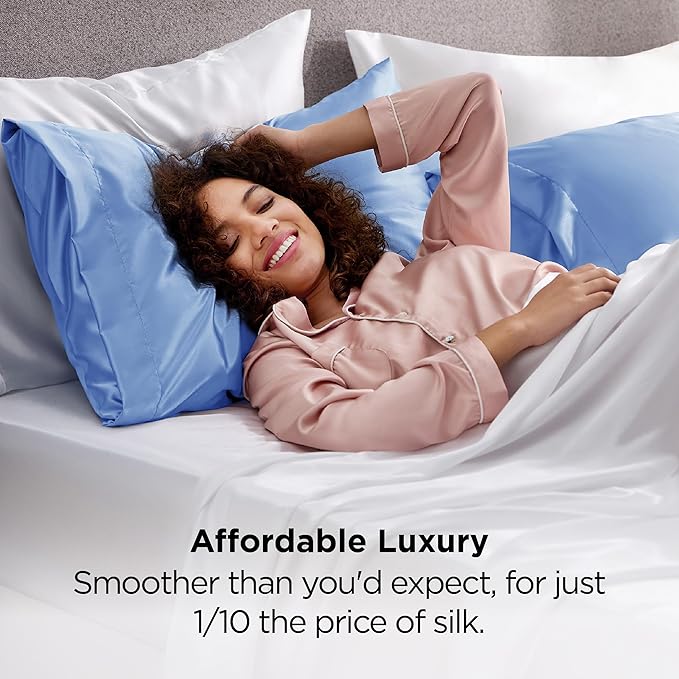 Bedsure Satin Pillowcase 2 Pack Similar to Silk Pillow Cases Standard Size, Pillow Case for Sleeping Women with Envelope Closure, Gifts for Women Men, Sky Blue, 20x26 Inches, 2pcs