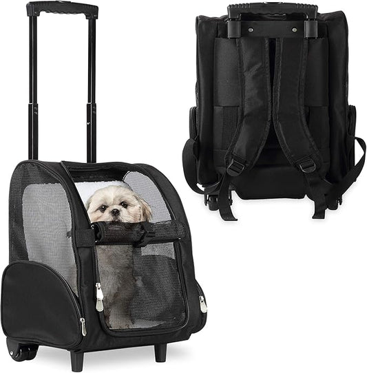 KOPEKS Deluxe Backpack Pet Travel Carrier with Double Wheels for Pets up to 18 Pounds - Black