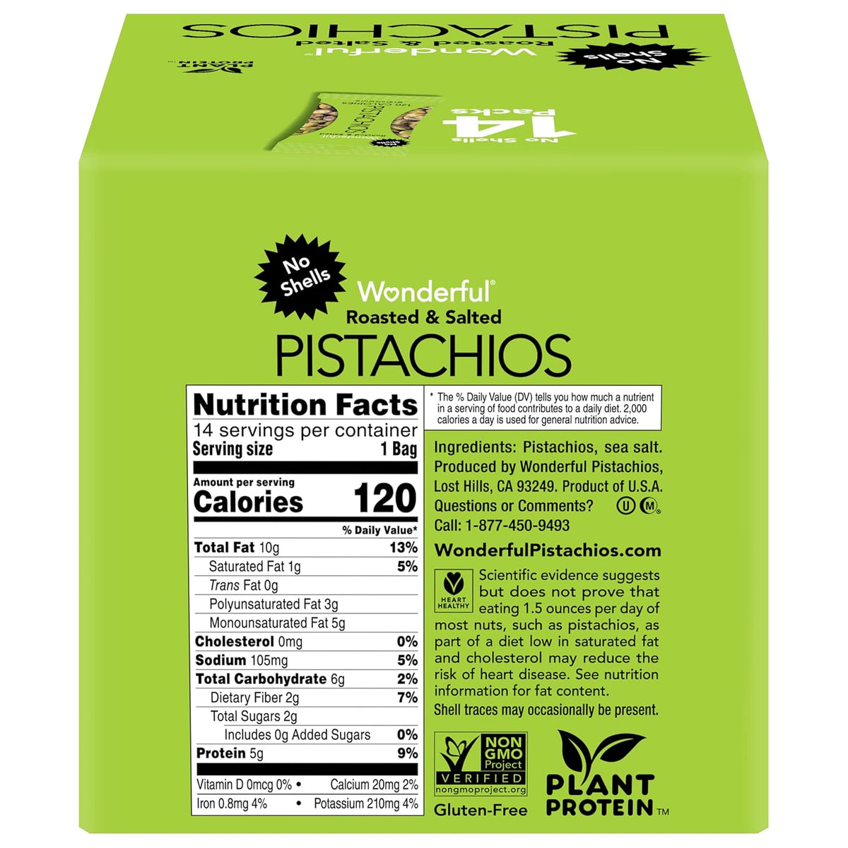 Wonderful Pistachios No Shells, Roasted & Salted Nuts, 0.75 Ounce Bag (Pack of 14), Protein Snacks, Vegan Snacks, On-the-Go, Individual Snacks for Adults
