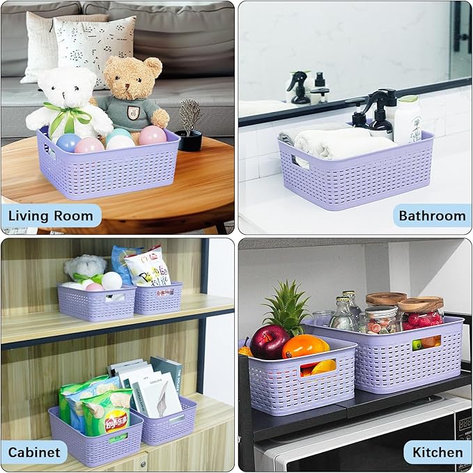 Plastic Storage Baskets for Cabinets, Household Pantry Organization with Handle,Organizer Bins for Room,Bathrooms,Under-Sink,Kitchen (Purple, S-3PACK)