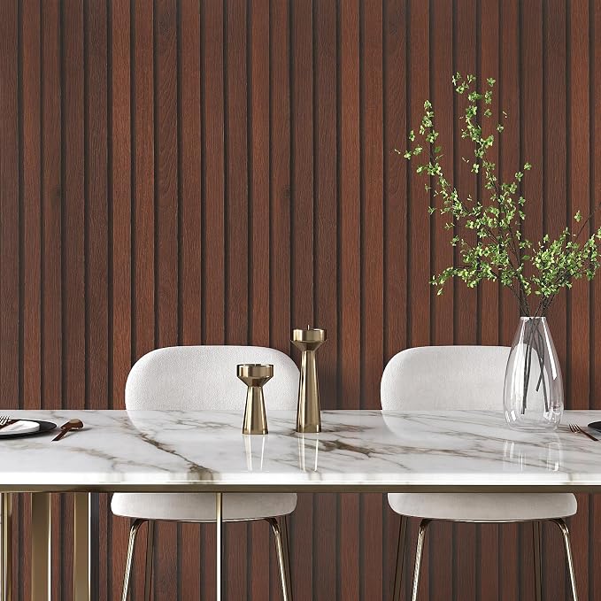 VEELIKE Dark Walnut Wood Slat Wallpaper Peel and Stick Wood Grain Panel