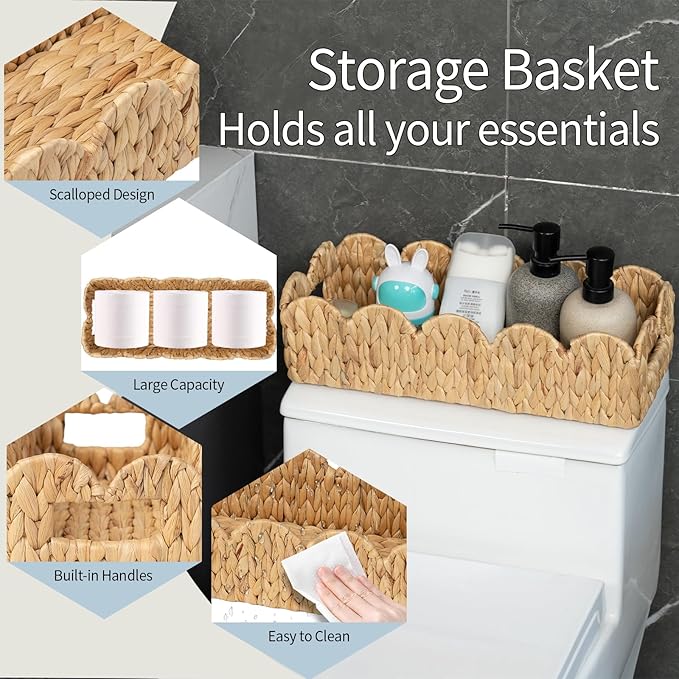 Coeusy Toilet Tank Basket for Bathroom,Scalloped Edge Wicker Basket for Toilet Paper Storage,Small Baskets for Countertop,Shelves,Living Room,Bedroom,Both Organizer&Decor,Natural Water Hyacinth