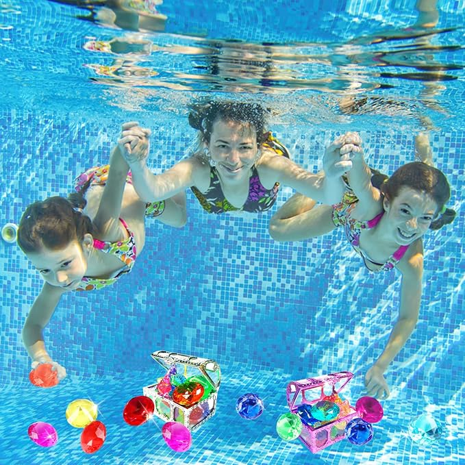 60Pcs Diving Gems Pool Toys Big Colorful Diamonds Set with Treasure Chest | Fake Plastic Acrylic Crystal Seashell & Gemstones, Underwater Mermaid Hunt Pirate Treasure Games for Kids, Purple and Silver