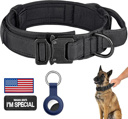 DAGANXI Tactical Dog Collar, Adjustable Military Training Nylon Dog Collar with Control Handle and Heavy Metal Buckle for Medium and Large Dogs, with Patches and Airtags Case (XL, Black)