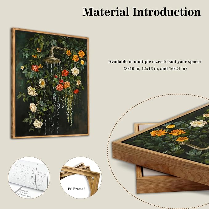 Floating Framed Floral Shower Wall Art, Vintage Botanical Flower Canvas Print