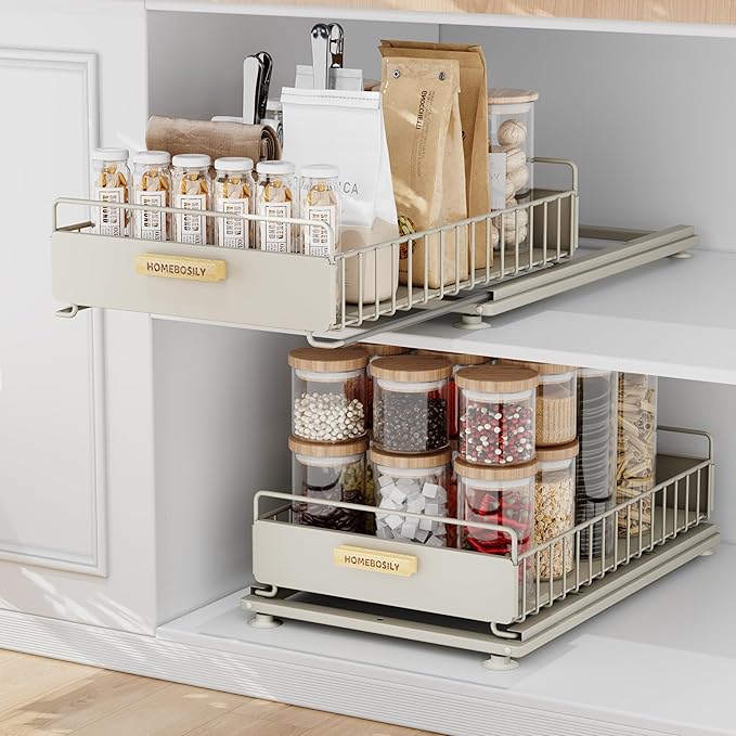 Under Sink Organizer, 2 Pack Pull Out Kitchen Cabinet Organizer, Mute Slide-Out Under Sink Organizers and Storage, Metal Kitchen Bathroom Organizers and Storage Shelves, Grey
