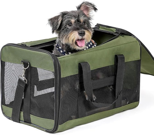 Dog Carrier Soft Sided, Large Cat Carrier with Inner Safety Leash, Pet Transport Carrier for Large Cats and Medium Dogs up to 20 Lbs, Collapsible Travel Puppy Carrier Bag -Green L