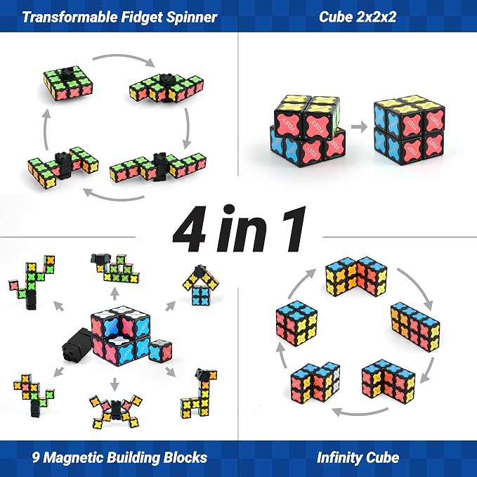 TOSY Magnet Fidget Spinner Mini - 8 Blocks, 3 in 1 Toy: Transformable Fidget Spinner, Infinity Cube, 2x2 Puzzle Cube, Stress Relief, STEM Sensory Magnet Tiles Birthday Gift for Kids/Boys/Girls/Adults