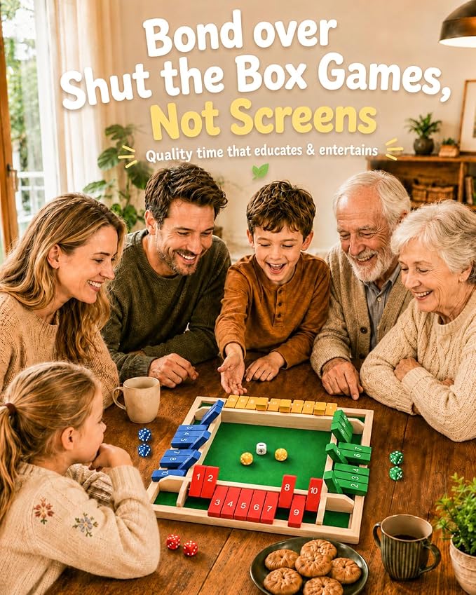 Upgraded 12-inch Shut The Box Game, Easy Quick and Fun Educational Math Game with 4 Symbolic Dice, 1-4 Players Wooden Board Games for Family Night Classroom Party, Tabletop Games for Kids Adult Senior