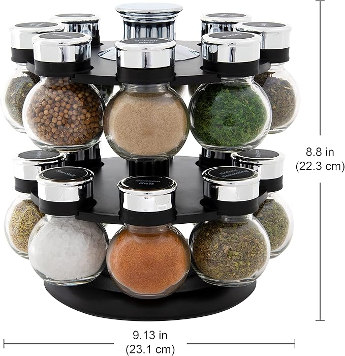 Kamenstein 16 Jar Ellington Revolving Countertop Spice Rack with Lift & Pour Caps and Spices Included, FREE Spice Refills for 5 Years: Black and Chrome