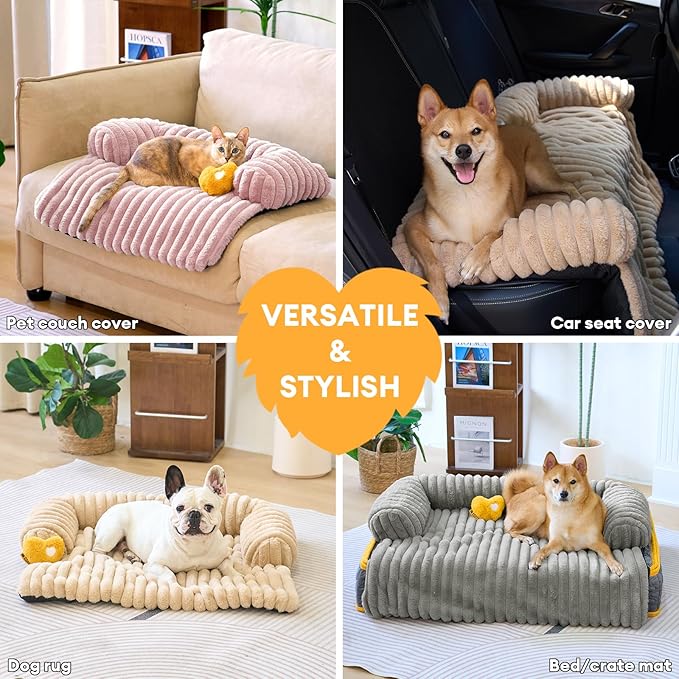 FUNNY FUZZY Pet Couch Cover for Sofa, Calming Dog Bed for Couch, Fluffy Plush Cat Bed Mat for Furniture Protector for Small Dogs and Kitten, 27×24 in, Mist Grey