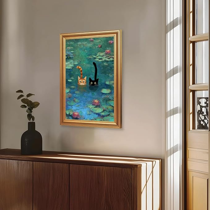 Fantasy Artists Gold Framed Wall Art Prints, Two Swimming Cats in Lotus Pond