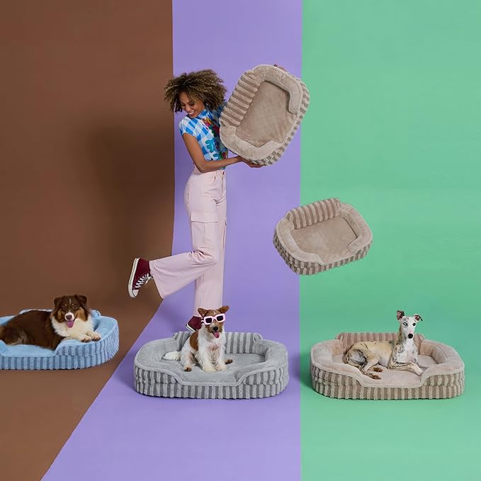 LE SURE Cute L-Plus Dog Beds, Orthopedic Waterproof Large Pet Bed with Sides, Non-Slip Bottom and Egg-Crate Foam Dog Couch Sofa with Washable Removable Cover, Beige