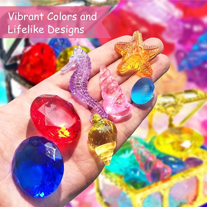 60Pcs Diving Gems Pool Toys Big Colorful Diamonds Set with Treasure Chest | Fake Plastic Acrylic Crystal Seashell & Gemstones, Underwater Mermaid Hunt Pirate Treasure Games for Kids, Purple and Silver