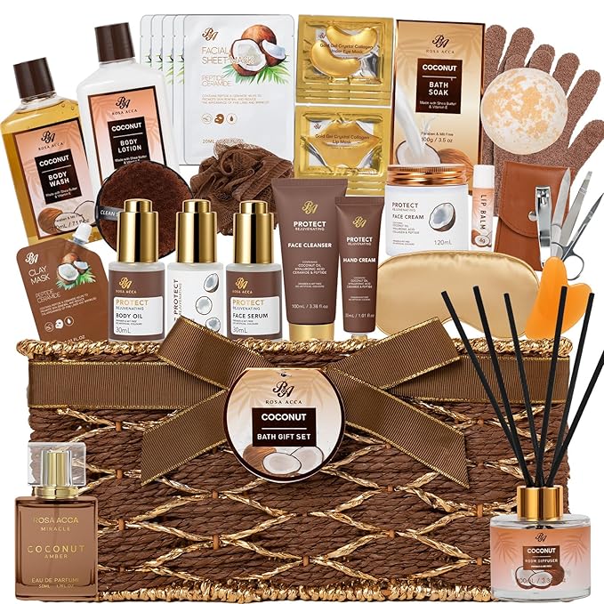 35 Pcs Coconut Vanilla Spa Gift Basket for Women & Men, Face Skin Care Set, Bath & Body Set, Self Care Pamper Kit, Diffuser, Bath Bomb, Birthday, Christmas, Valentines, Mother Day, Anniversary