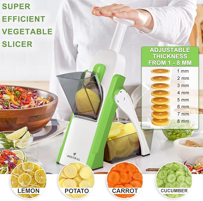 ONCE FOR ALL Safe Mandoline Slicer For Kitchen, Professional Vegetable Slicer For Food Potato Slices, Thickness Adjustable 0.1-8 mm Kitchen Artifact Fast Meal Prep (Green)