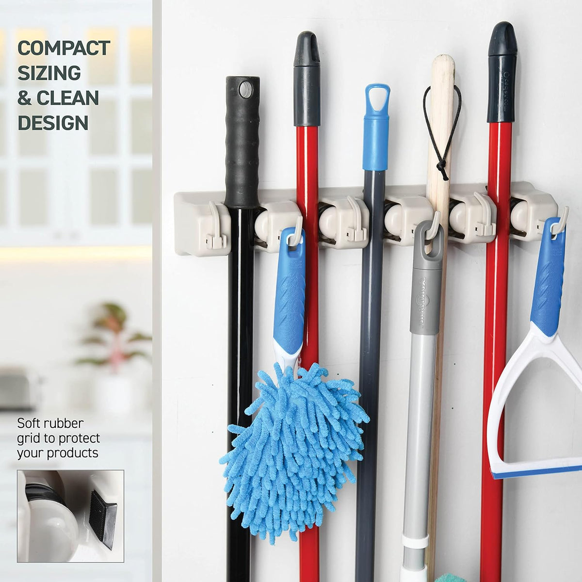 HOME IT Mop And Broom Holder Wall Mount - Garage Storage Systems with 5 Slots, 6 Hooks, 7.5lbs Capacity Per Slot - Garden Tool Organizer For Home, Kitchen, Closet, Garage, Laundry Room - Off-White
