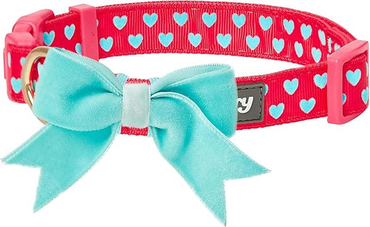 Blueberry Pet Dog Collar with Bowtie, Neck 14.5-20" Adjustable for Medium Dogs, Lust Red Heart Design, Valentines Day Girl Dog Collars, Non-Stretch, Secure Fit, Puppy & Female Dog Accessory