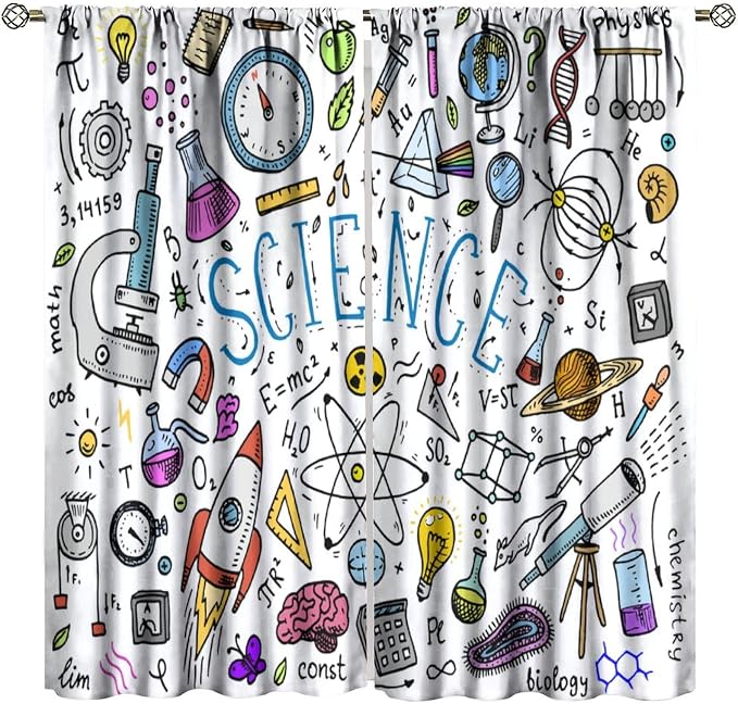 Science Symbols Kids Curtain Sketches Cartoon Chemistry Physics Geometry Education Pattern Print Window Drapes for Bedroom Living Room Kitchen Decor,2 Panel Set,84x84 Inch Blackout
