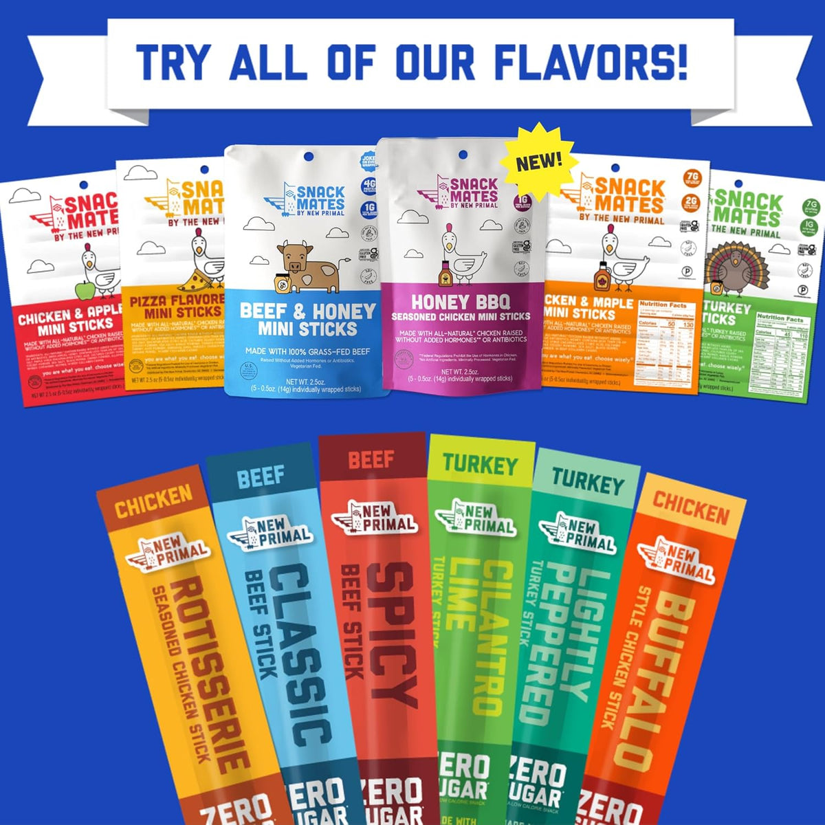 The New Primal Snack Mates Chicken & Maple Sticks, Gluten Free Healthy Snacks for Kids, Low Sugar High Protein Back to School Snacks, Mini Paleo Jerky Meat Stick, 5g Protein, 35 Calories, 15 Pack