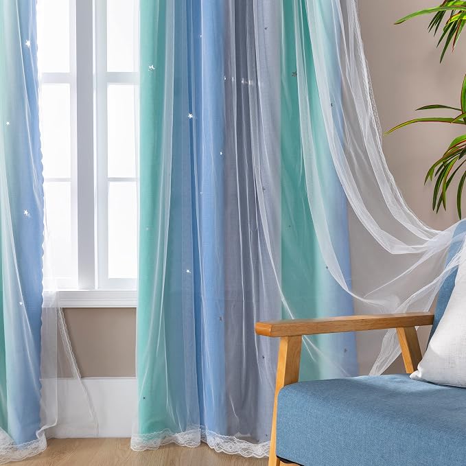 XiDi Curtains for Bedroom Decor, Rainbow BluGrenGrey-52-54