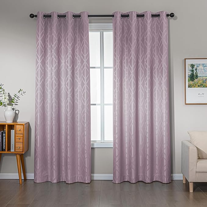 Amazon Basics Jacquard 2-Piece 100% Blackout Curtains, Living Room and Bedroom Drapes, Thermal Insulated Window Treatment, 52"x84", Pink