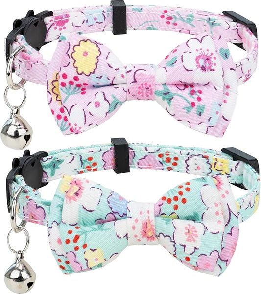 Collar for Cat Pet Breakaway with Bell Bowtie Detachable Bow Adjustable Safety Kitten Puppy Girl Boy 2pcs Green & Pink Sakura