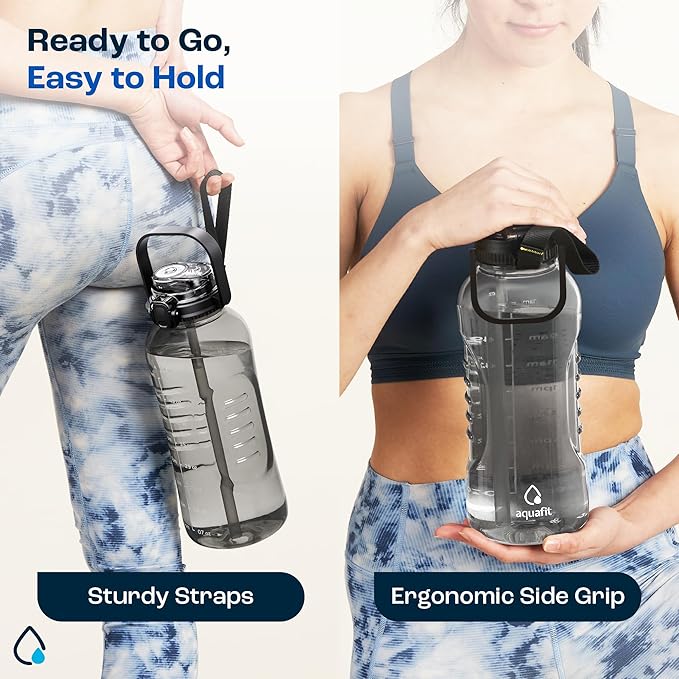 AQUAFIT 64 oz Water Bottle with Time Marker - 2in1 Straw & Chug Lid - BPA Free Big Water Bottle with Straw - Gym Water Bottle with Strap - Water Jug (64 Ounces, Midnight Gray)