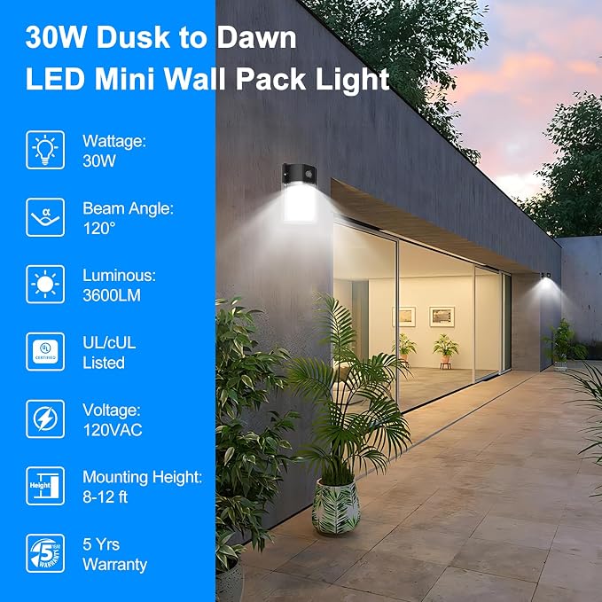 30W LED Wall Pack Light, Dusk to Dawn Outdoor Lighting Sensor, LED Outdoor Wall