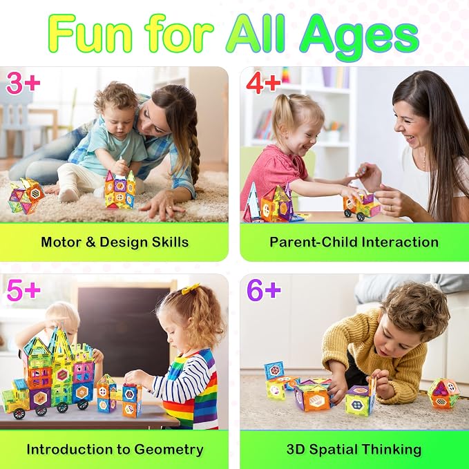 Contixo ST4 Magnetic Tiles - 112 PCs 3D Building Blocks STEM Construction Creativity, Imagination, Recreational, Educational Building Toys for Kids Children Toddler Ages 4-8, Boys and Girls Age 3-5