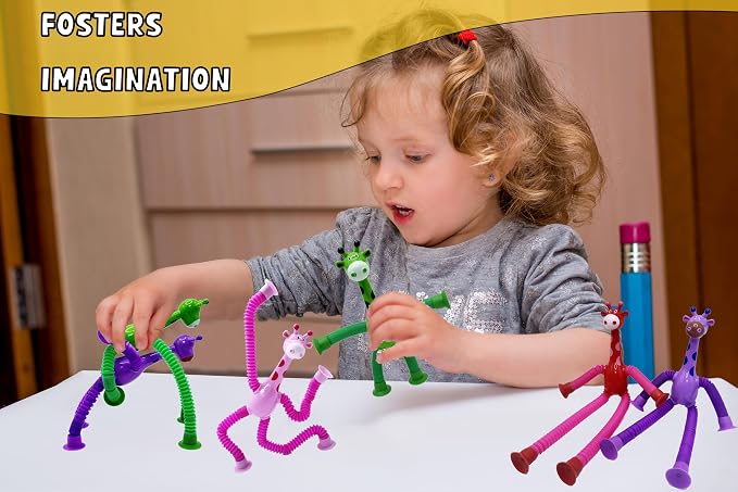 Giraffe Sensory Travel Toys, Sensory Toys for Kids with Autism | 6Pcs Giraffe Sensory Toys suction cup giraffe toys, pop tubes Fidget Toy Halloween and Christmas gift for boys and girls