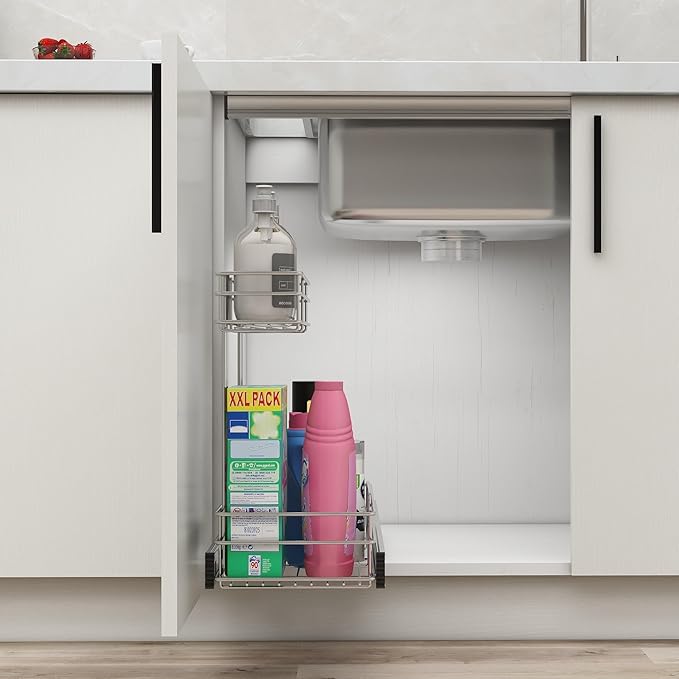 Under Sink Organizer 9" W X17 D, Pull Out Cabinet Organizer 2 Tier, Under Sink Slide Out Chrome Plated, Under Kitchen Bathroom Organizer, Pantry Cabinet Closet Organization Rack, 1 Pack
