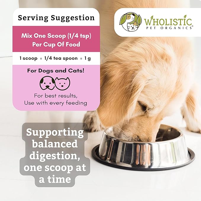 Wholistic Pet Organics Probiotics for Dogs with Digestive Enzymes & Prebiotic Fiber - 4 Oz - Daily Cat & Dog Probiotics for Digestive Health, Anti Diarrhea & Gut Support - Natural Powder Supplement