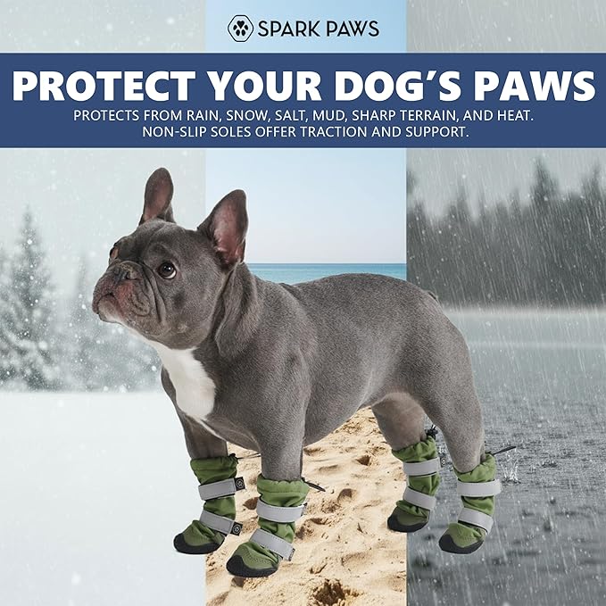 Spark Paws Dog Shoes, Waterproof Dog Boots for Medium to Large Dogs, Non Slip, Breathable Dog Booties and Paw Protectors - 4PCS Doggie Hiking Boots with Reflective Straps - Green, Size 6