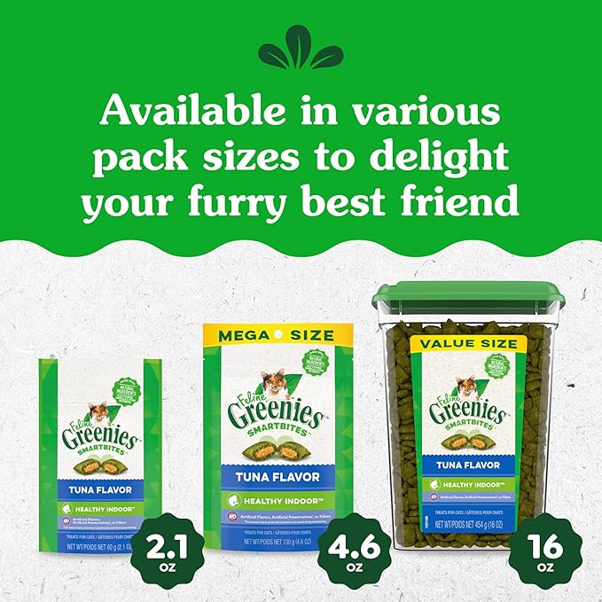 Greenies Feline Smartbites Healthy Indoor Cat Treats, Tuna Flavor, 16 oz. Tub