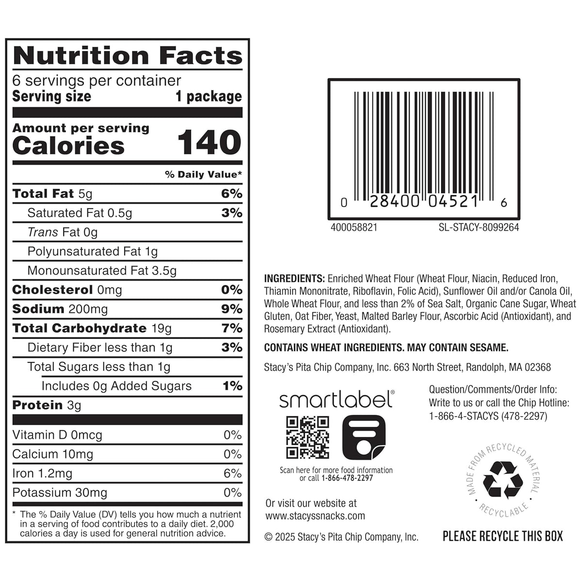 Stacy’s Pita Chips, Sea Salt, No Artificial Colors or Flavors, 1 Oz (Pack of 6)