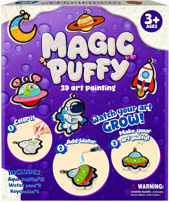 Artnedu Magic Puffy Paint Kit-Space & Astronauts,3D Art Kit,Mess-Free Toy | DIY Magic Puffy Keychain,Paint By Craft Kits for Kids,Travel Toys & Creative Gift for Girls & Boys Ages 4, 5, 6, 7, 8, 9, 10