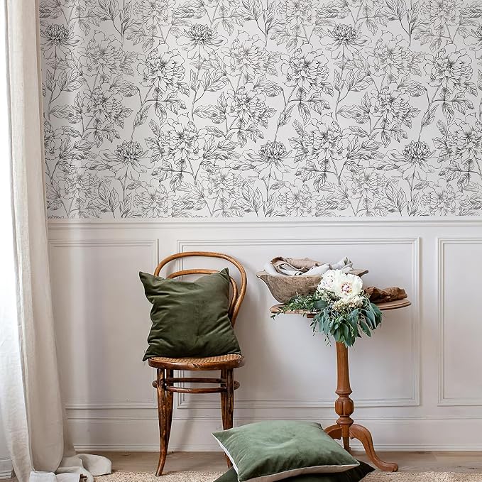 JiffDiff Peel and Stick Wallpaper Black and White Floral Wall Paper 17.3" x
