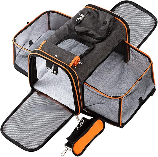 TSA Airline Approved Expandable Pet Carrier, 17"x11"x11" 5-Side Entry Soft-Sided Collapsible Cat Dog Carrier (up to 15 lbs), with Alloy Frame & Removable Wool Mat for Travel
