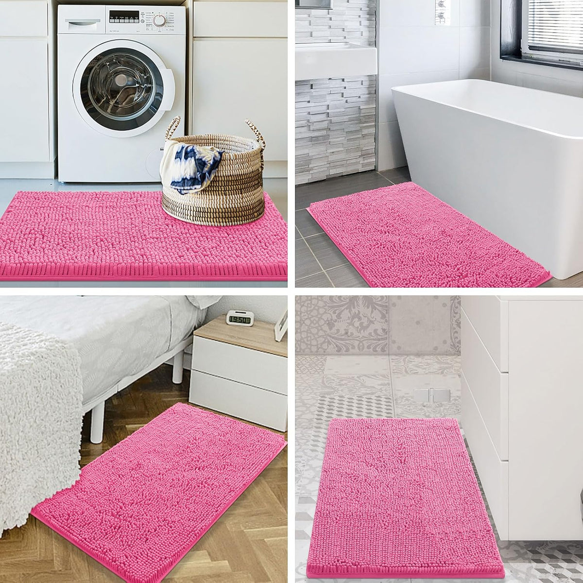 Smiry Luxury Chenille Bathroom Rugs 30x20, Extra Soft and Absorbent Shaggy Bath Mat, Machine Washable, Non-Slip Plush Carpet Runner for Tub, Shower, and Floor, Home Decor Accessories, Hot Pink