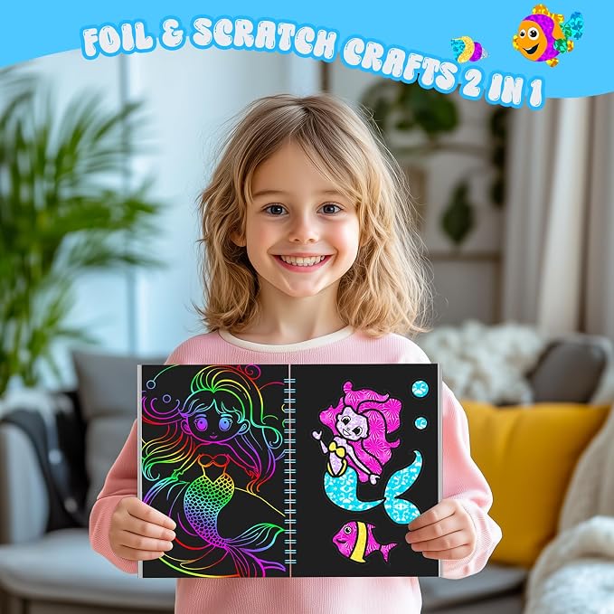 homicozy Art & Craft Activity for Kids - Foil Fun Mermaids & Scratch Art Book 2-in-1, No Mess Art Crafts for Girls,DIY Creative Activity Kit,Gifts for Girls Ages 4, 5, 6, 7, 8, 9, Travel Toys