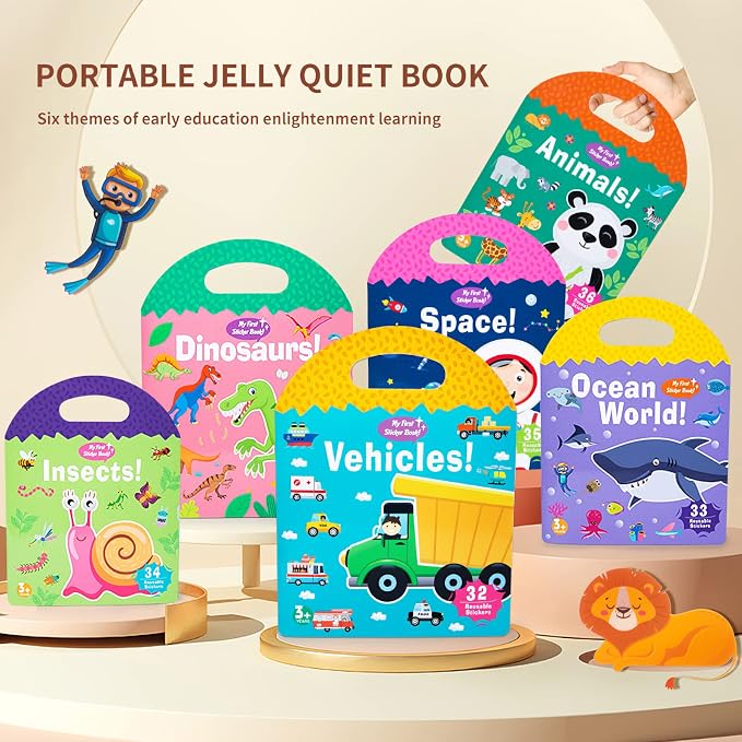 Jelly Reusable Sticker Books, Portable Travel Toys Sticker Activity Book for Kids 3+ Year Old Girls Boys, Animal Insect Dinosaur Ocean Space Car