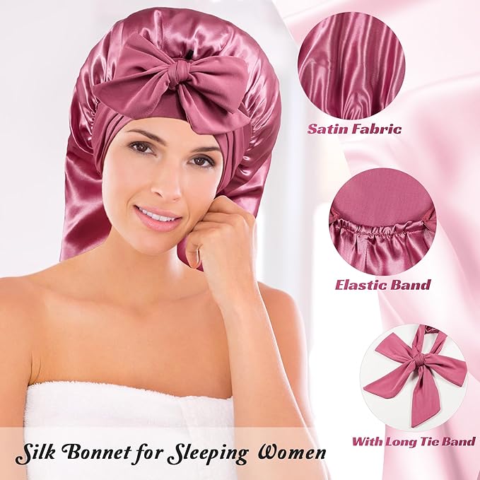 Long Satin Bonnet with Tie Band for Sleeping Women - Silk Sleep Bonnet for Curly Hair and Braids