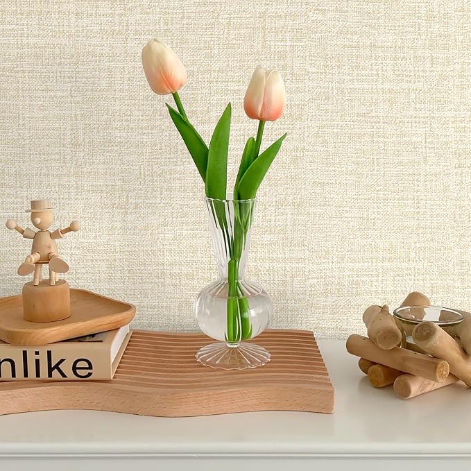 Beige Grasscloth Peel and Stick Wallpaper 17.3"x300" Faux Linen Textured