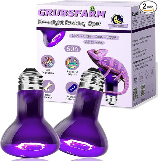 60W Reptile Night Light Bulb – 2.5" Small Purple Moonlight UVA Heat Lamp for Bearded Dragons, Lizards, Snakes, Chameleons, Amphibians, Turtles – Indoor Terrarium Basking Lamp, 2-Pack