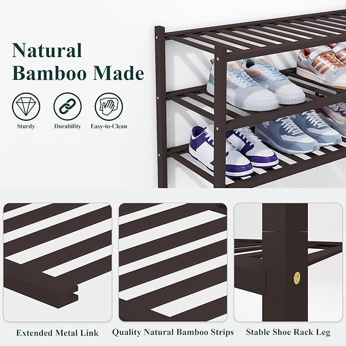 Smiry Bamboo Shoe Rack, 6 Tier Free Standing Wooden Shoe Organizer, Stackable Wood Shoe Storage Shelf for Closet, Entryway, 14 Vertical Slats, 2+2+2 Stack Heavy-Duty Legs, 26.8"x11"x39", Brown