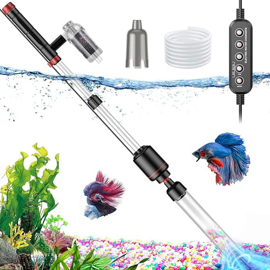 Electric Aquarium Vacuum Gravel Cleaner: 24W Fish Tank Vacuum Gravel Cleaner with Strong Suction for Automatic Water Change Algae Remover Sand Wash Water Shower and Water Circulation, Timed Off