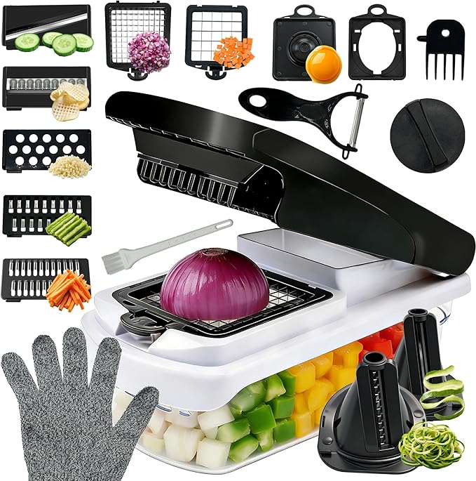 17-in-1 Vegetable Chopper, Multifunctional Mandoline Slicer, Onion Dicer Veggie Cutter with Container & Gloves, Food Chopper for Potato Carrot Garlic Salad, Kitchen Gadgets for Home Cooking